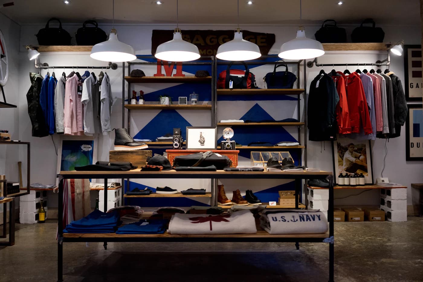 Clothing store interior with racks and shelves